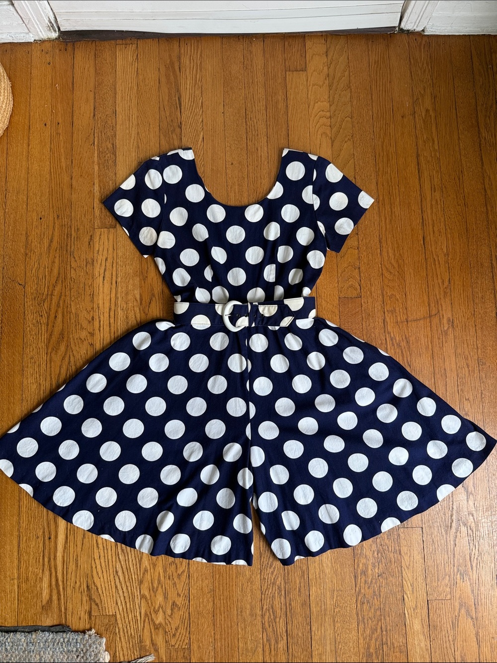 Vintage Melissa Navy Blue Polka Dot Culotte Romper with Belt